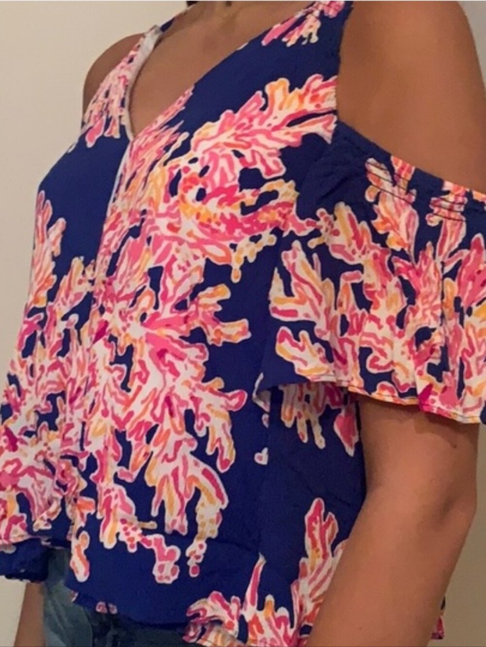 Lilly Pulitzer Cobalt Blue Cold-Shoulder V-Neck Top with Pink Coral Print